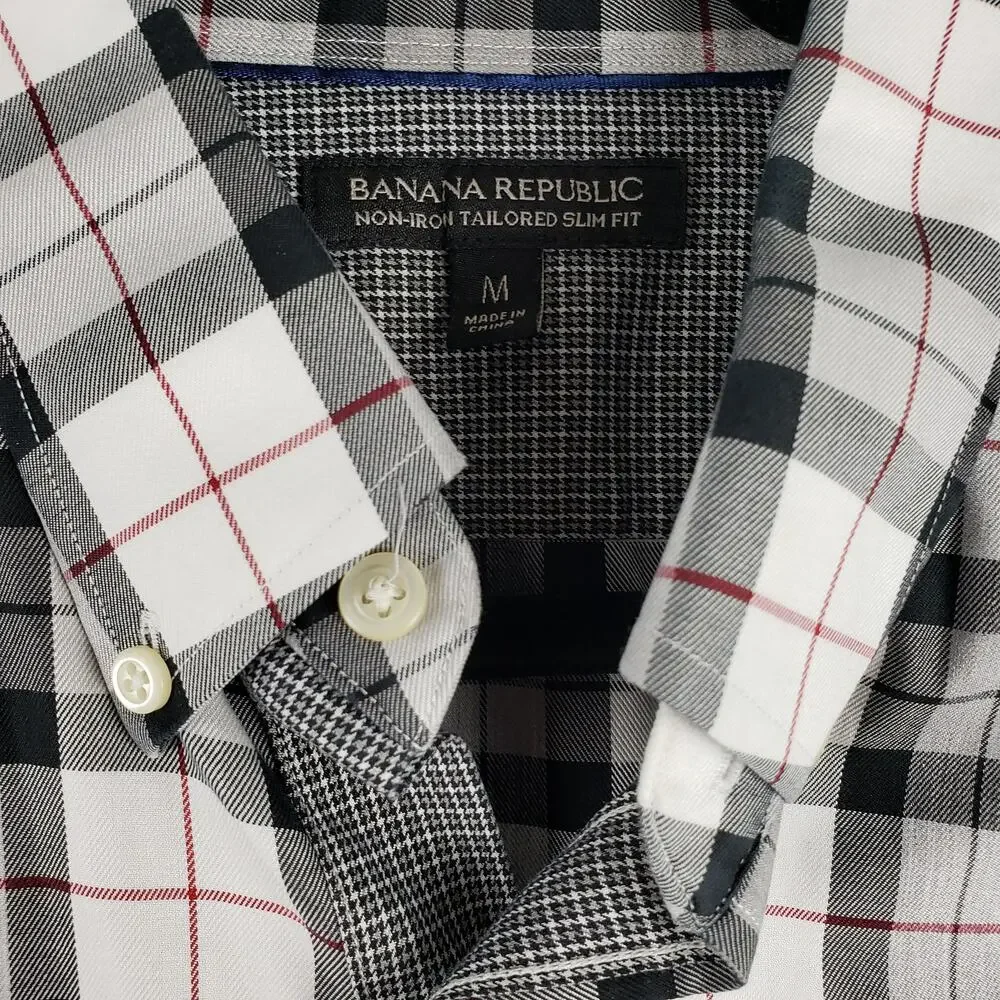Banana Republic Men's‎ M Gingham Plaid Dress Shirt Black Gray Tailored Slim Fit